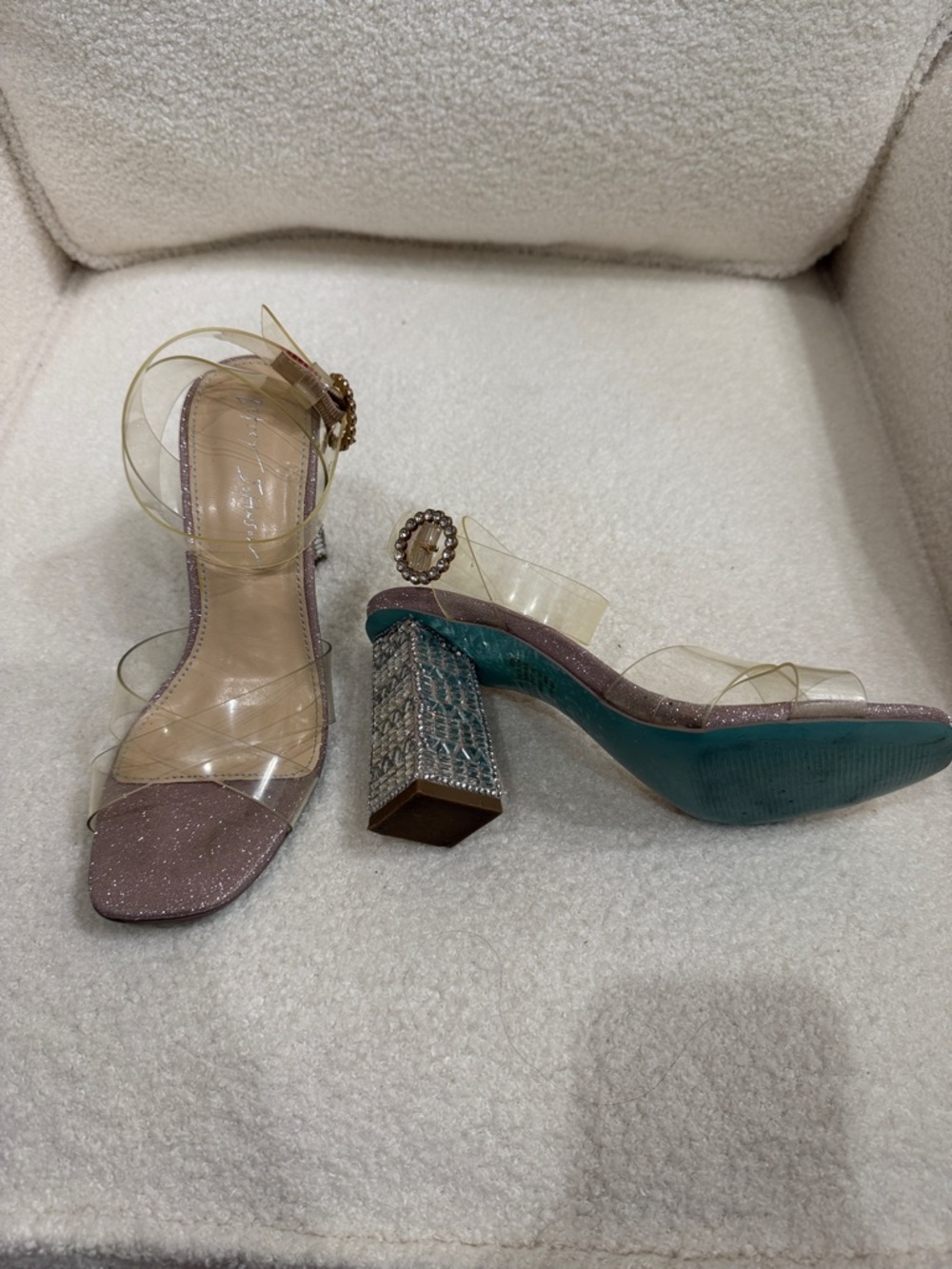 Betsey Johnson Pink Glitter Clear Strap Block Heel Sandals